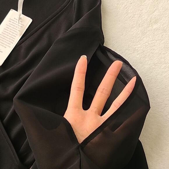 Grace Karin NWT Black Wrap Blouse 3/4 Cut Out Bell Sleeves Small Ruched Top - Picture 5 of 7